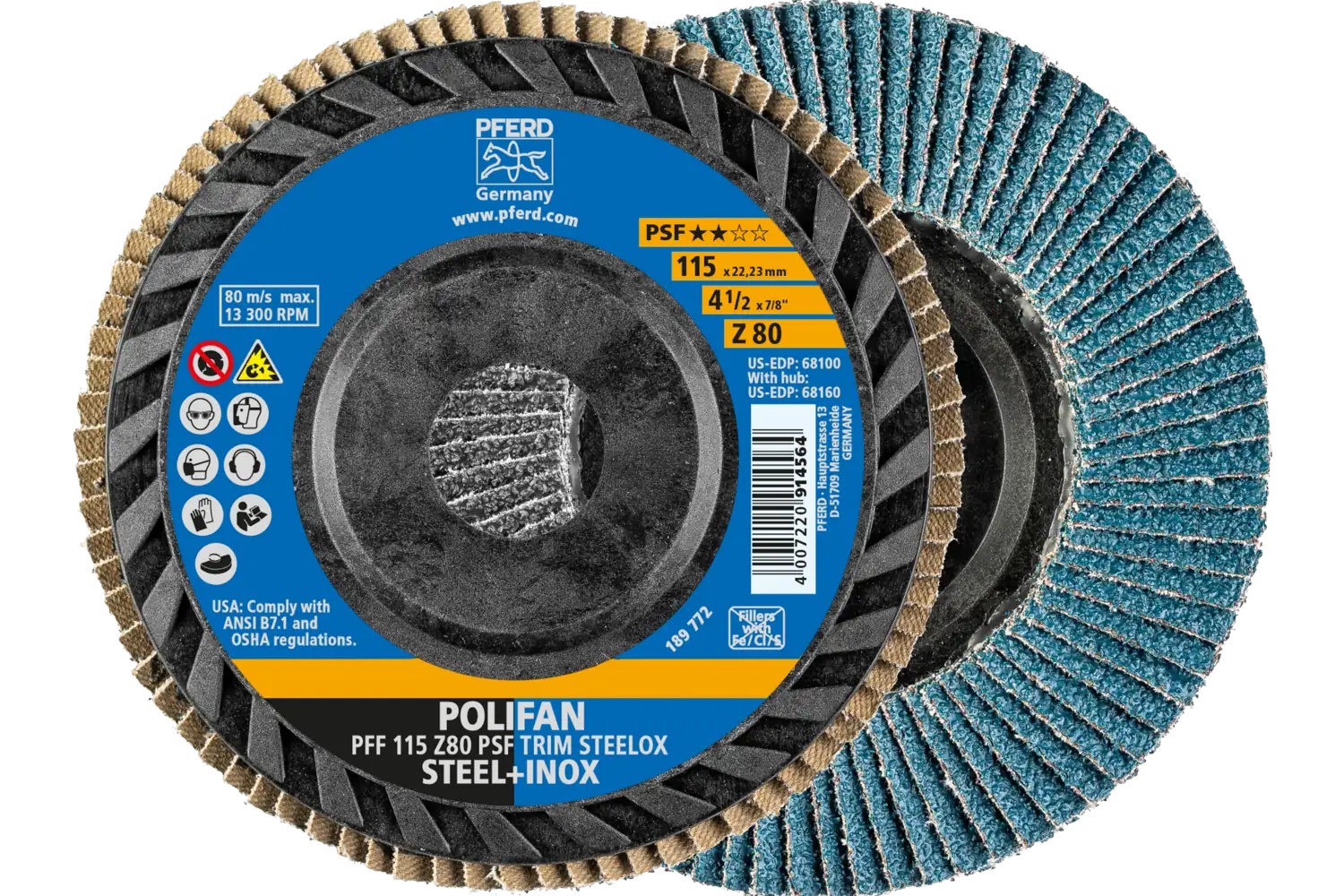Picture of Pferd Flap Disc, 4-1/2" x 7/8, Z PSF Trim Steelox, 80 Grit, T27, Flat, Zirconia